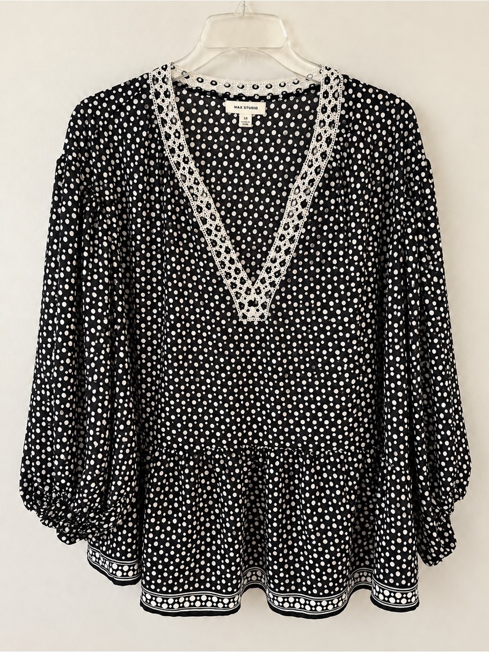 Max Studio Black & White Polka Dot V-Neck Peplum Blouse